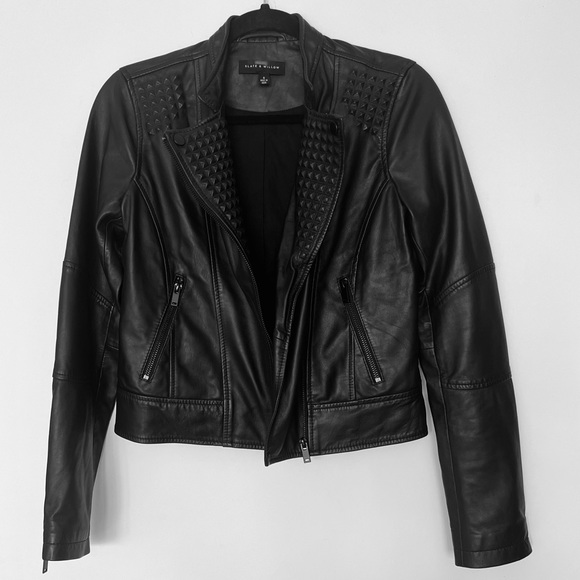 Slate & Willow Embossed Studs Moto Black 100% Leather Jacket Zipper Pockets XS/S - Picture 8 of 16